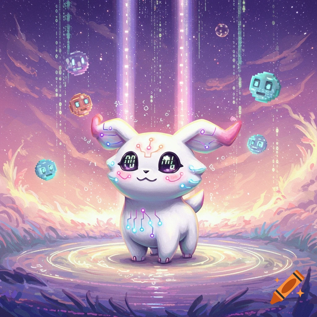 A cute white digital creature with circuit patterns and glowing eyes stands in a magical landscape with falling code.