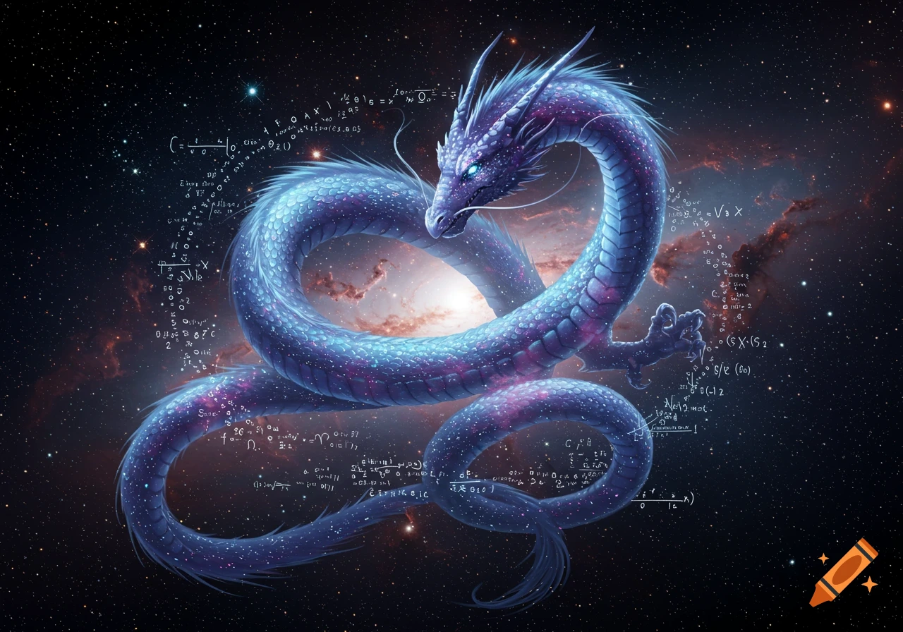 A majestic blue and purple cosmic dragon, speckled with stardust, coils through a nebula-filled galaxy, surrounded by swirling white mathematical equations and symbols.