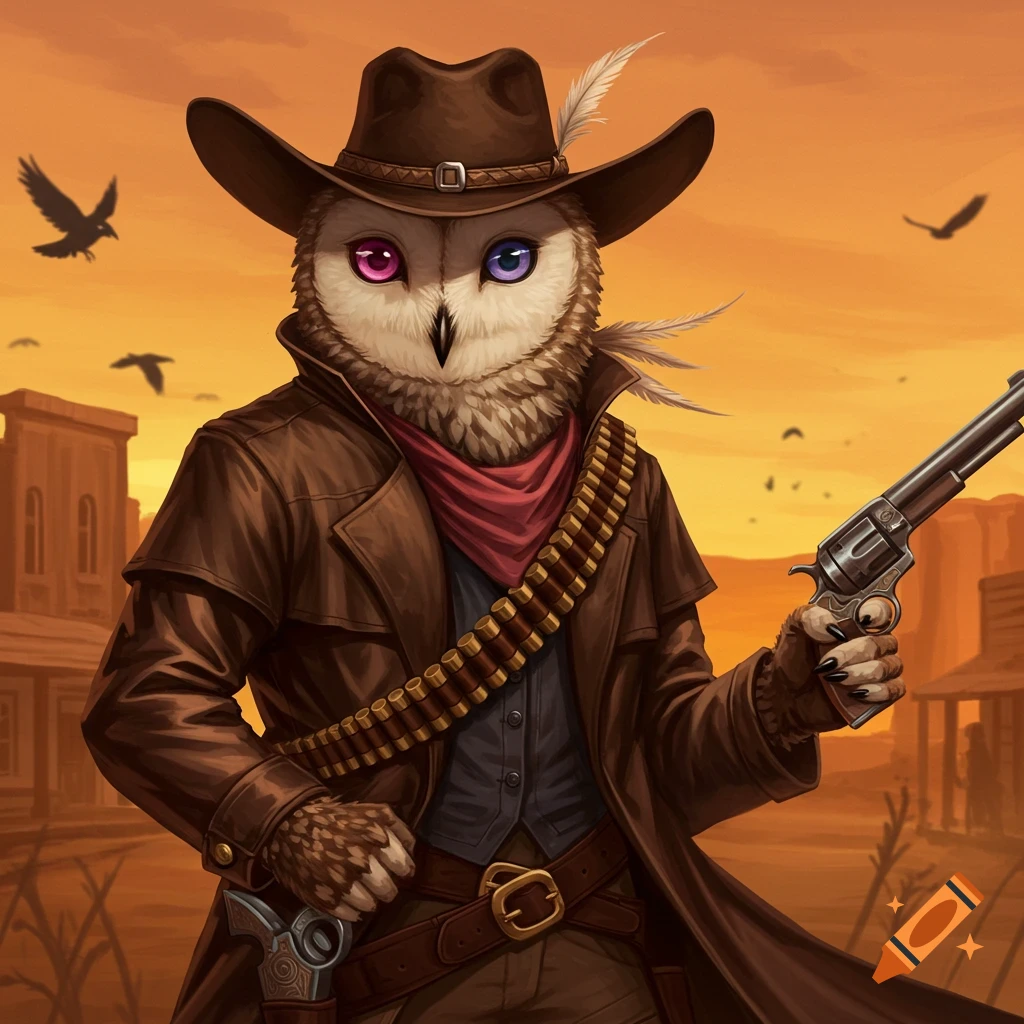 An anthropomorphic owlin cowboy with one pink and one blue eye, wearing a duster coat and hat, holding a revolver in a Wild West sunset scene.