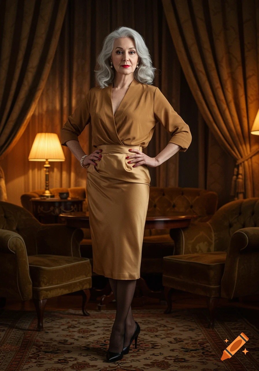 An elegant older woman with silver hair, red lipstick, and red nails stands confidently in a gold top and skirt with stockings and heels in a softly lit vintage room.