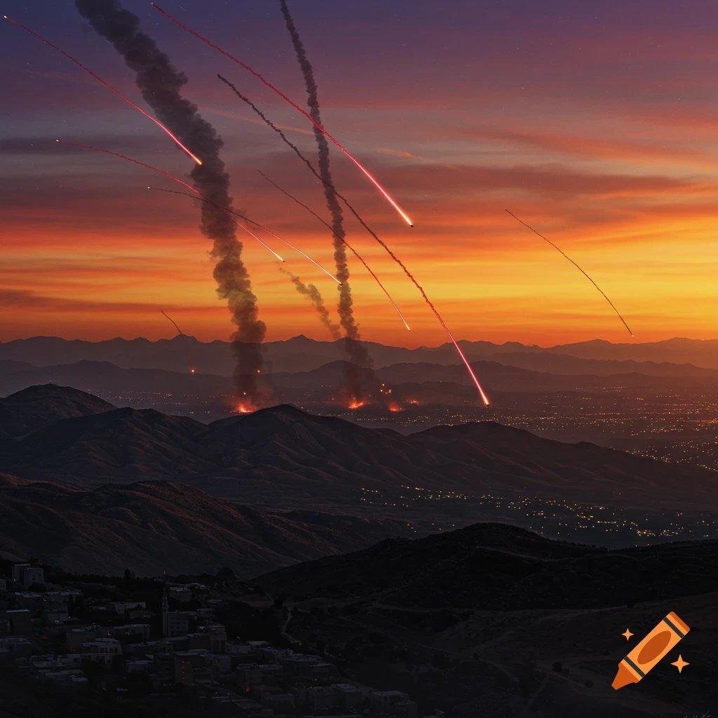 Rockets launch and explode over a mountainous landscape with a city visible below, set against a vibrant sunset sky with red smoke trails.