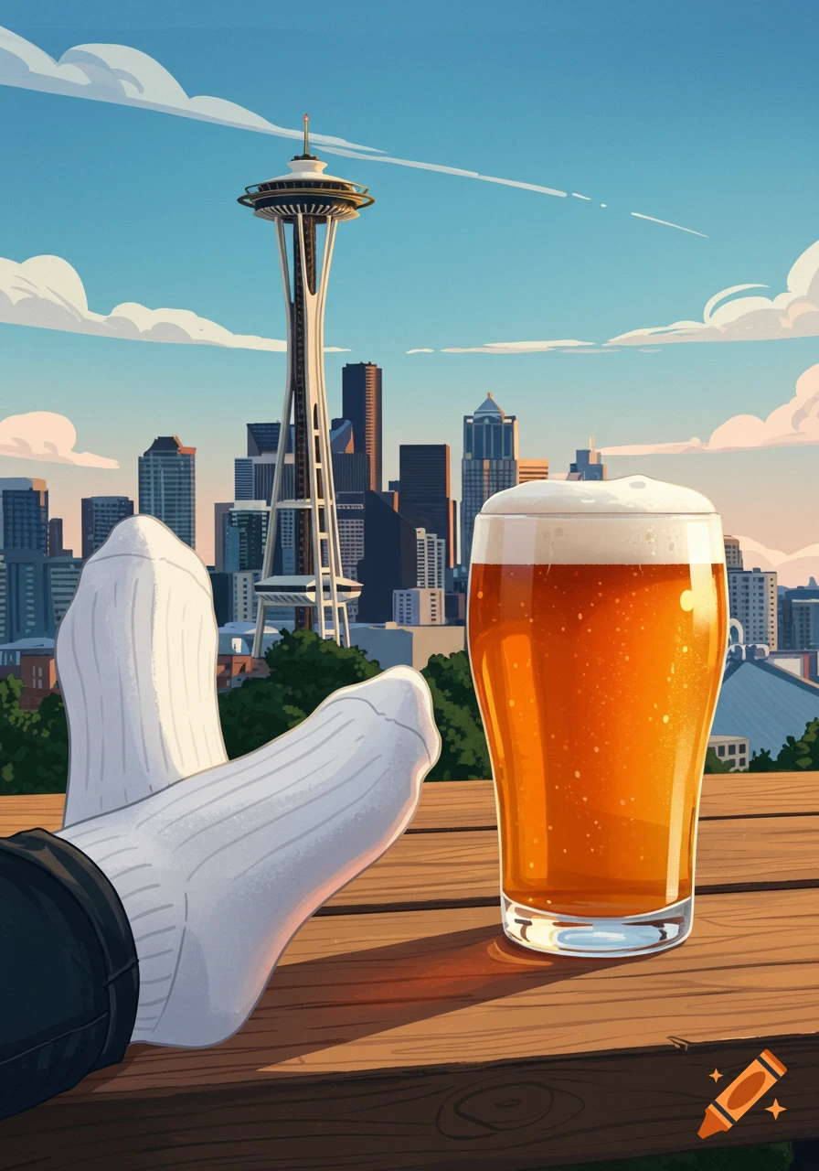 Illustrated view of feet in white socks and a glass of beer on a wooden surface, with the Seattle Space Needle and city skyline in the background.