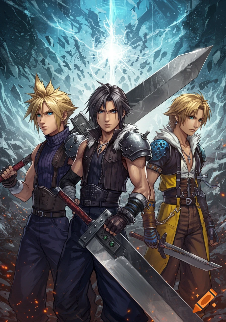 Cloud Strife, Squall Leonhart, and Tidus from Final Fantasy, holding their iconic swords against a dramatic blue, energy-filled background.