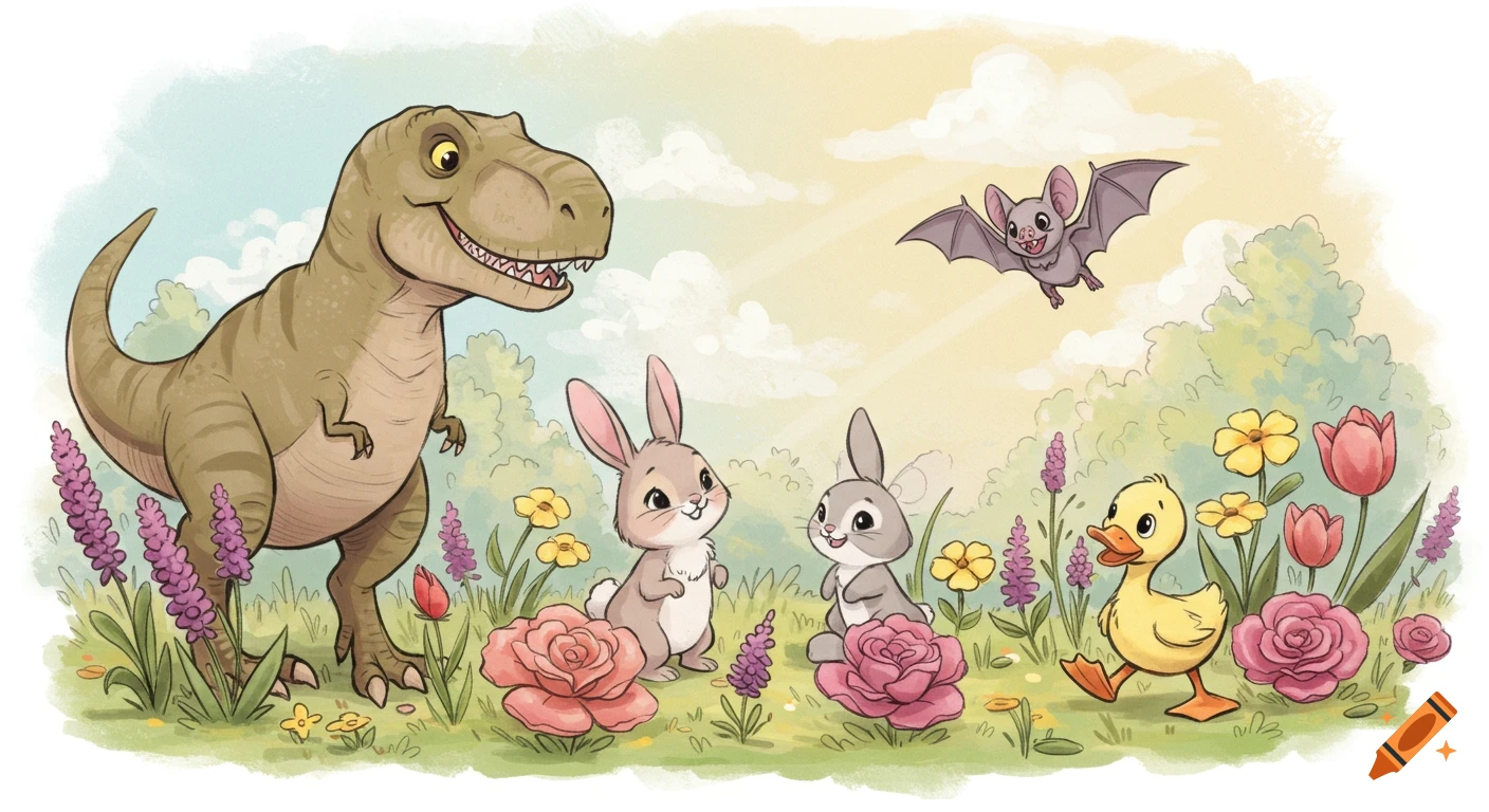 A friendly T-Rex smiles with a bat flying above two bunnies and a duckling in a colorful flower garden, in a charming cartoon style.