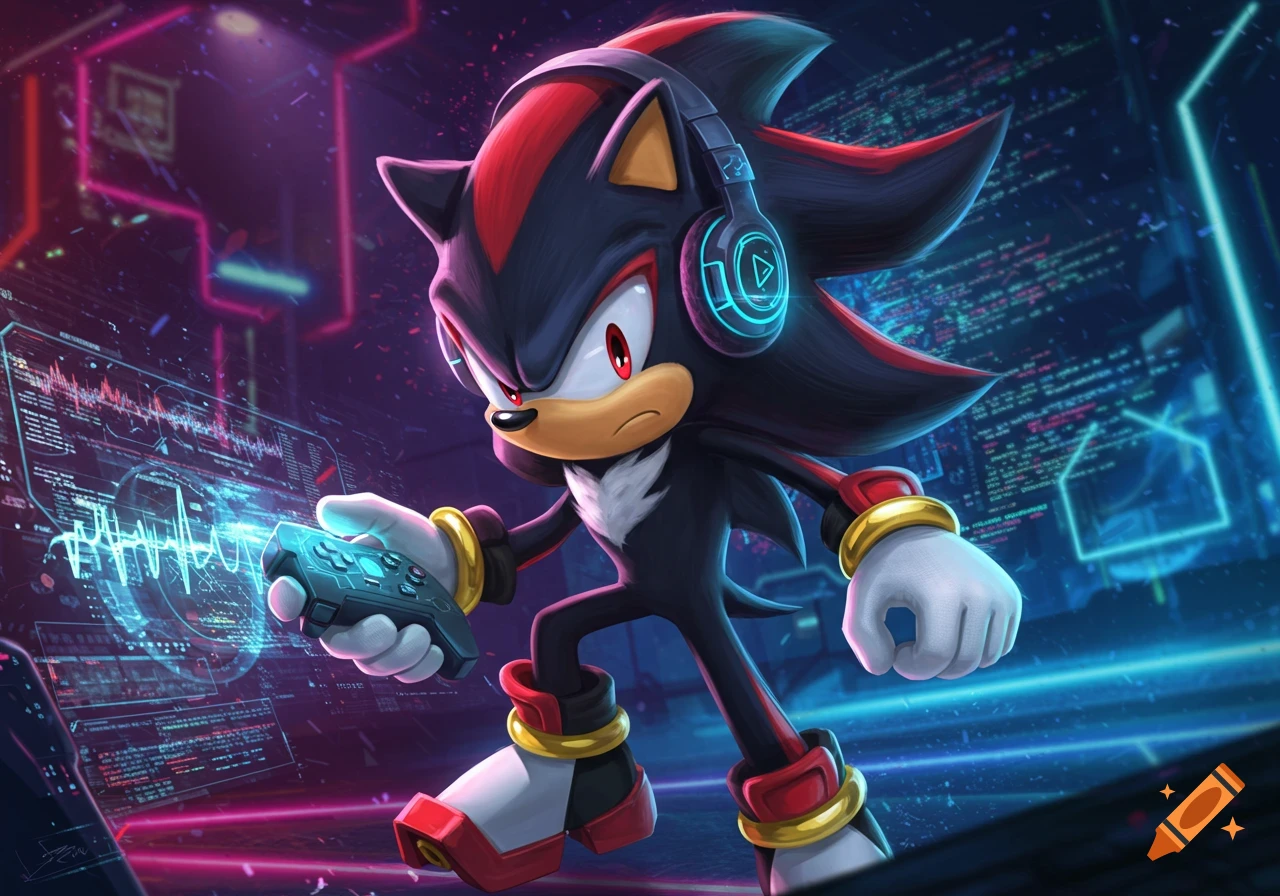 Shadow the Hedgehog wearing headphones and holding a game controller in a neon-lit, futuristic setting.