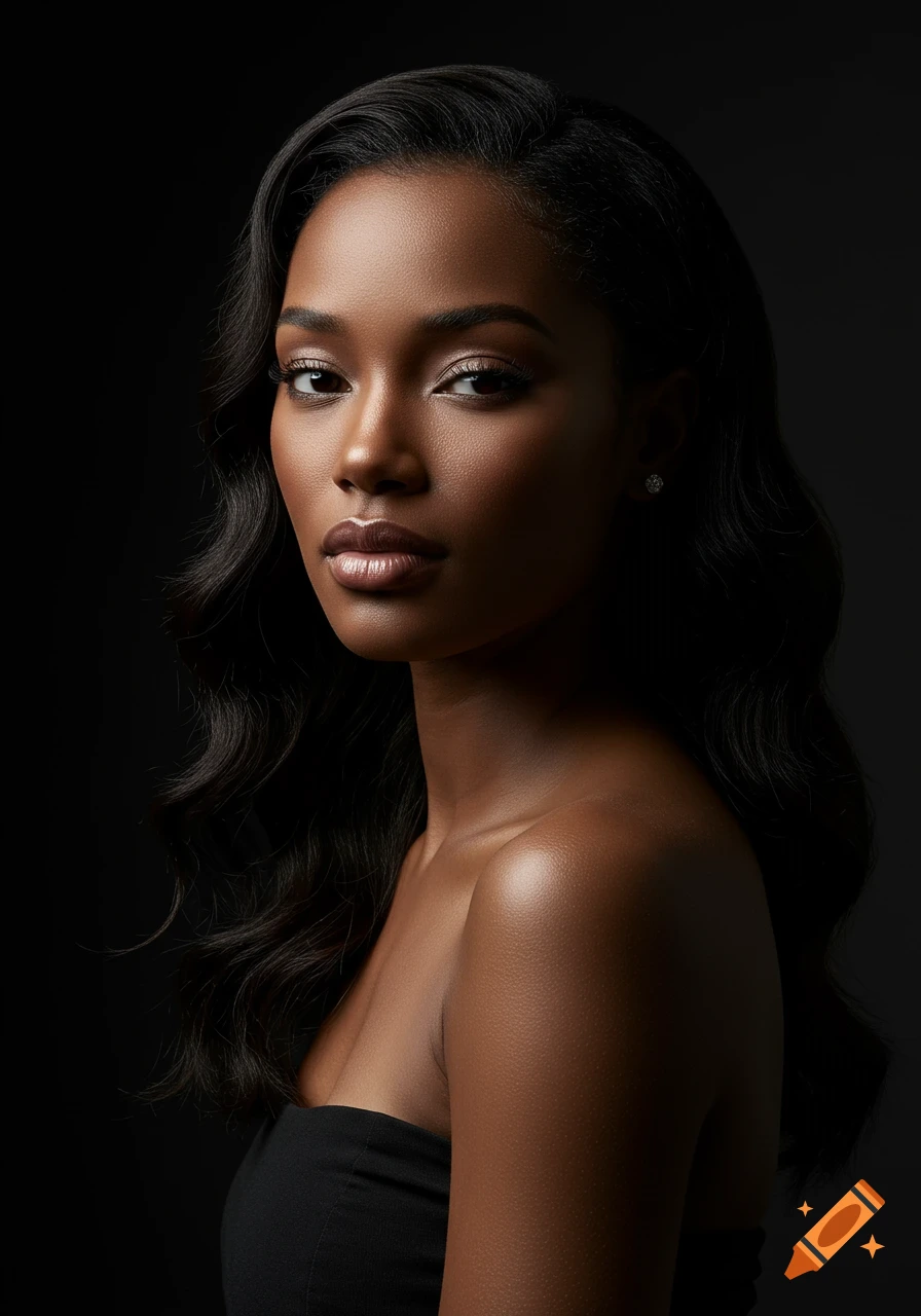 Photorealistic portrait of a confident woman with dark skin and wavy hair against a dark background, soft lighting highlighting her features.