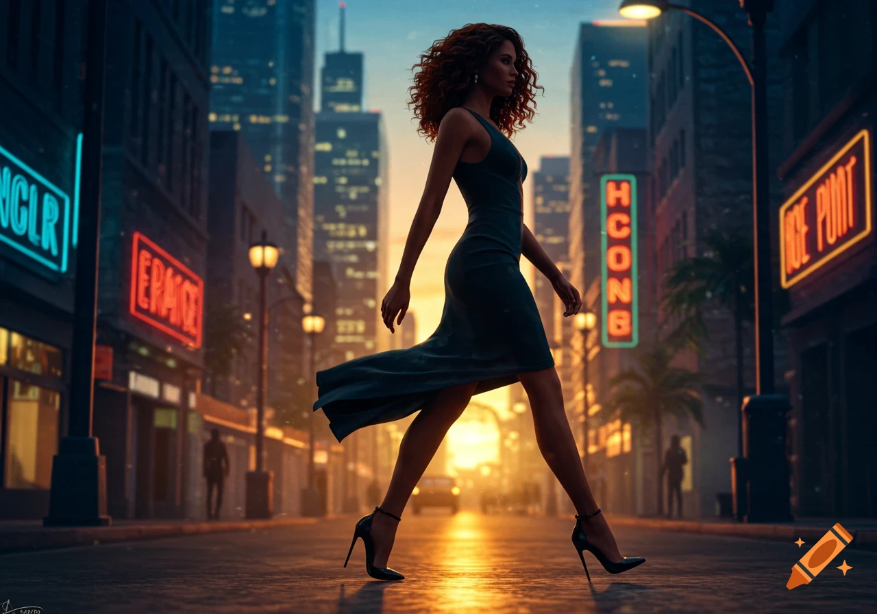A woman with curly red hair in a dark dress and high heels strides confidently down a wet city street at dusk, illuminated by neon signs.