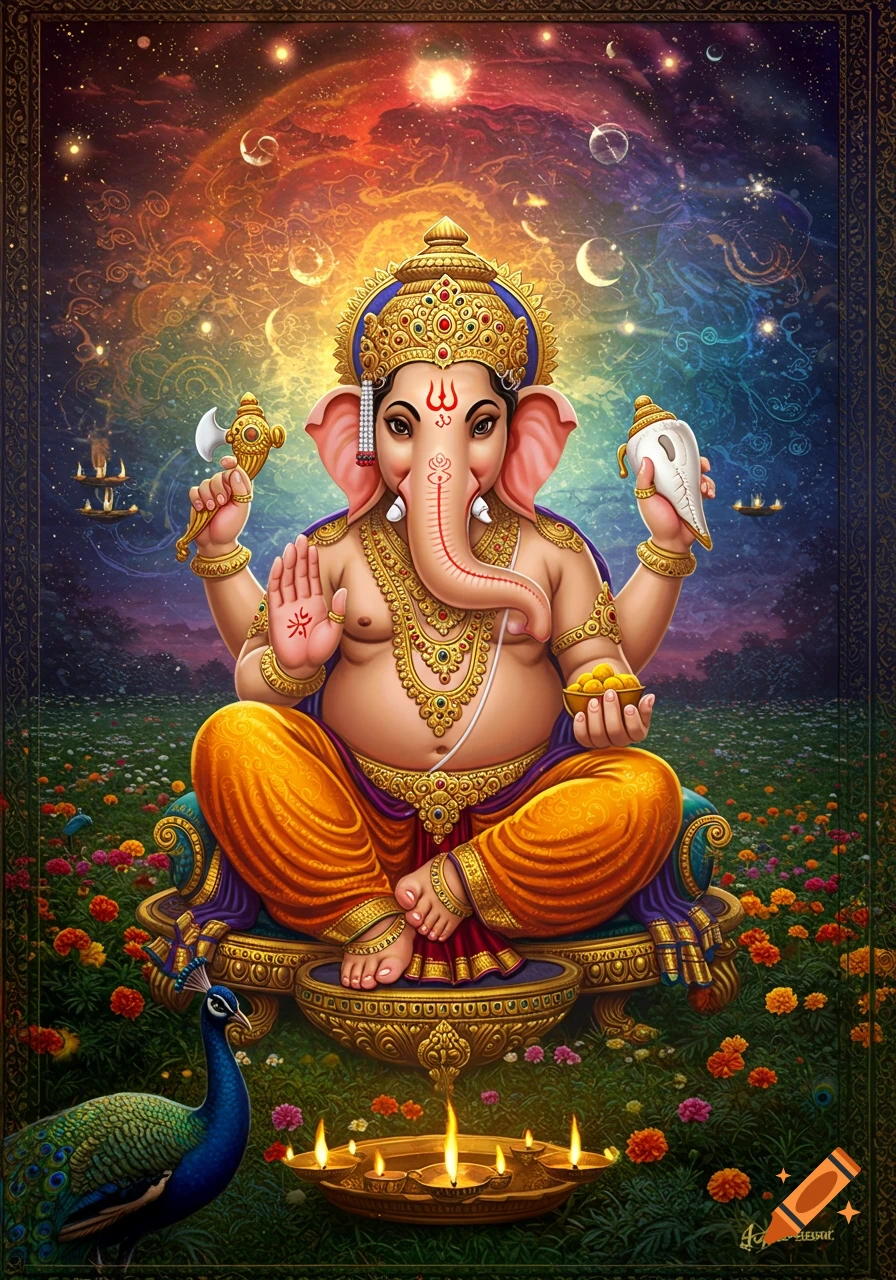 A painting of Ganesha, the Hindu deity, seated with glowing