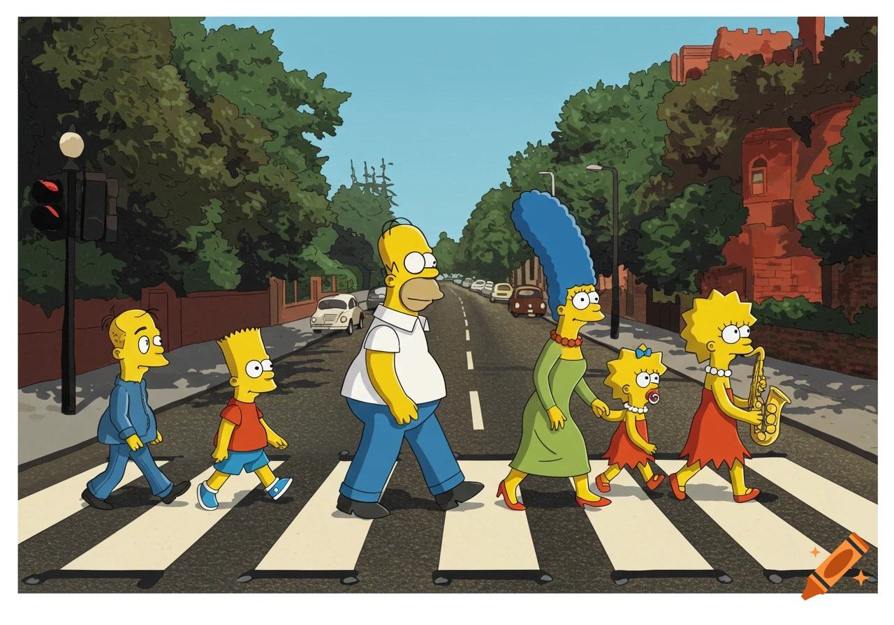 The Simpsons family parodies the Beatles' Abbey Road album cover, walking across a zebra crosswalk on a sunny street.