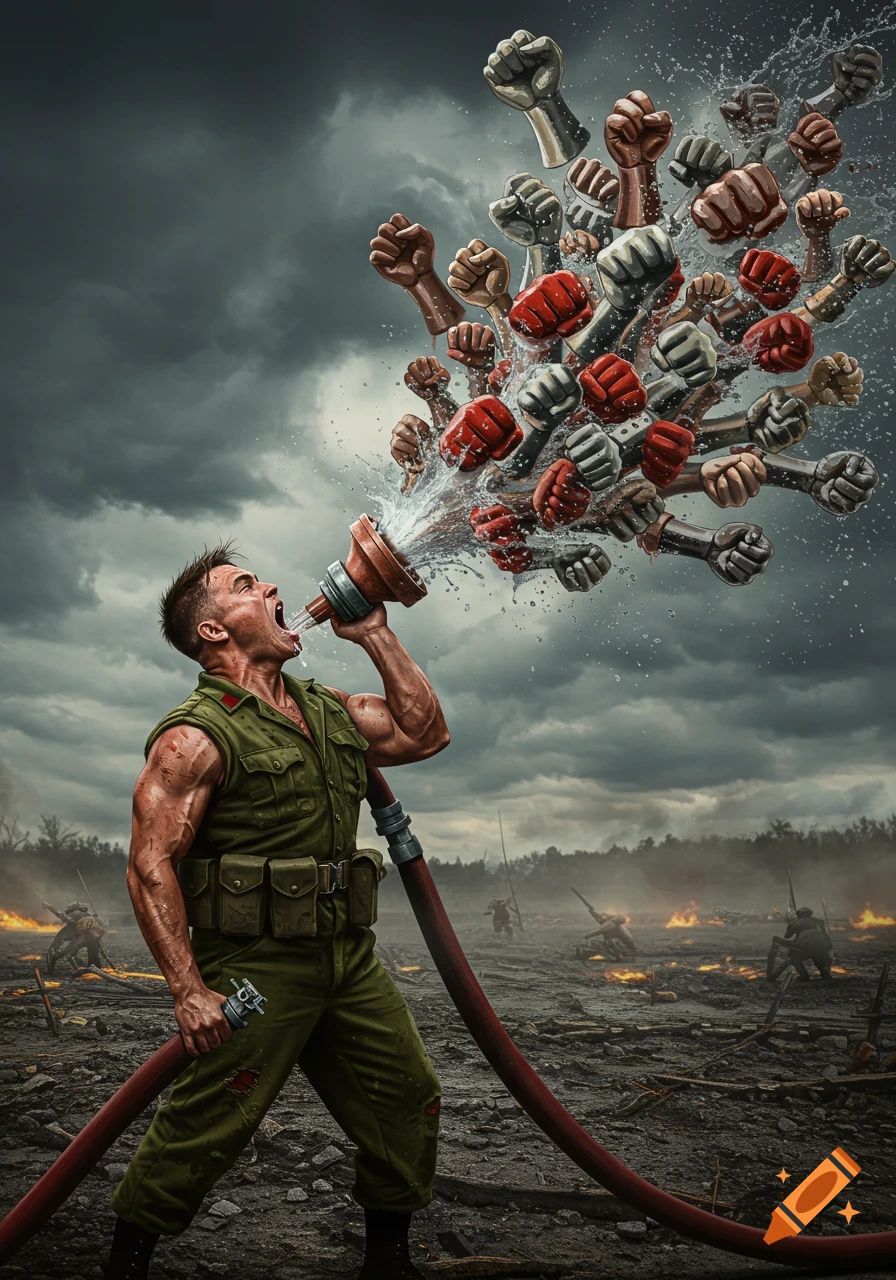 A muscular soldier shouts while holding a firehose that sprays out a torrent of diverse clenched fists in a war-torn battlefield.