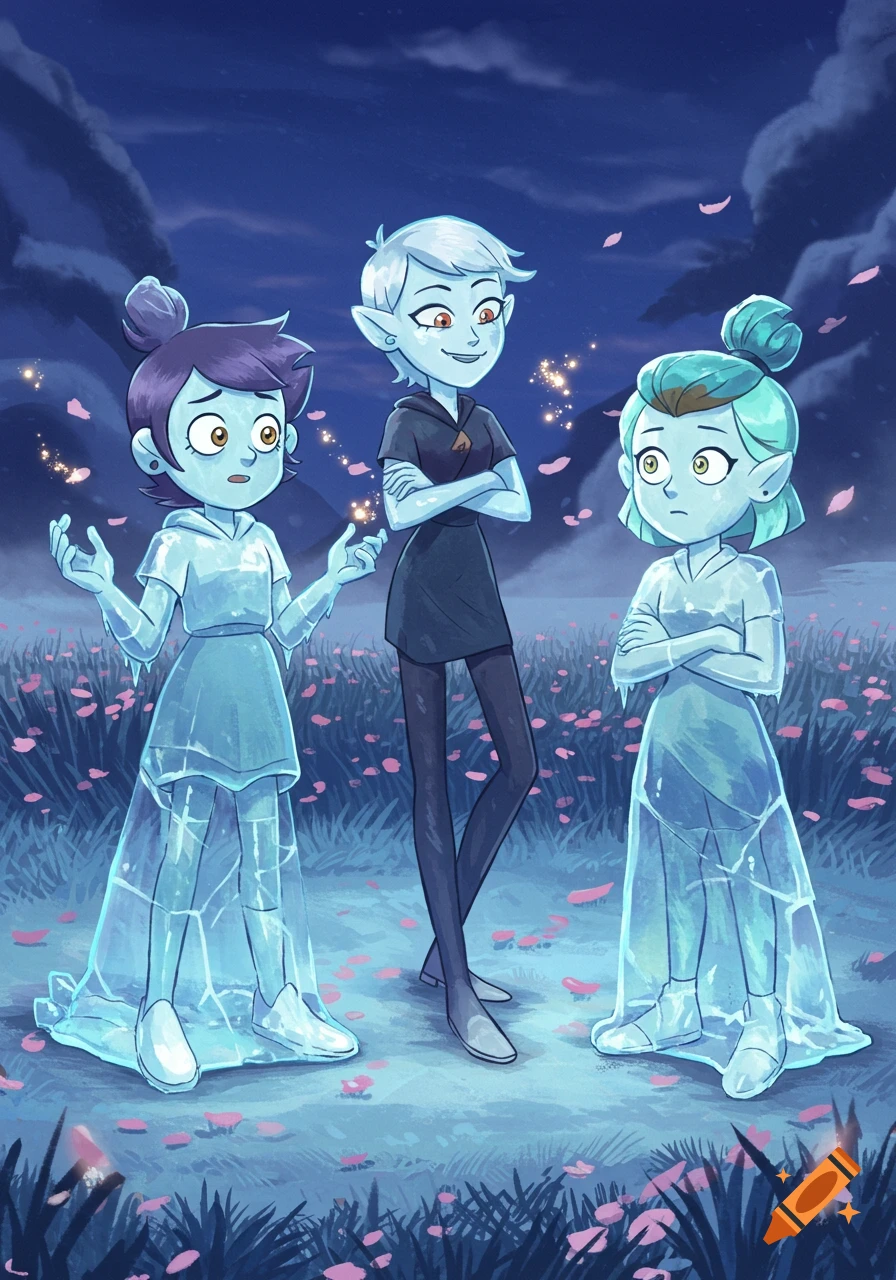 Three animated characters stand in a moonlit field. Two are encased in transparent ice, looking surprised, while the third, with grey skin and dark clothes, smiles with crossed arms.