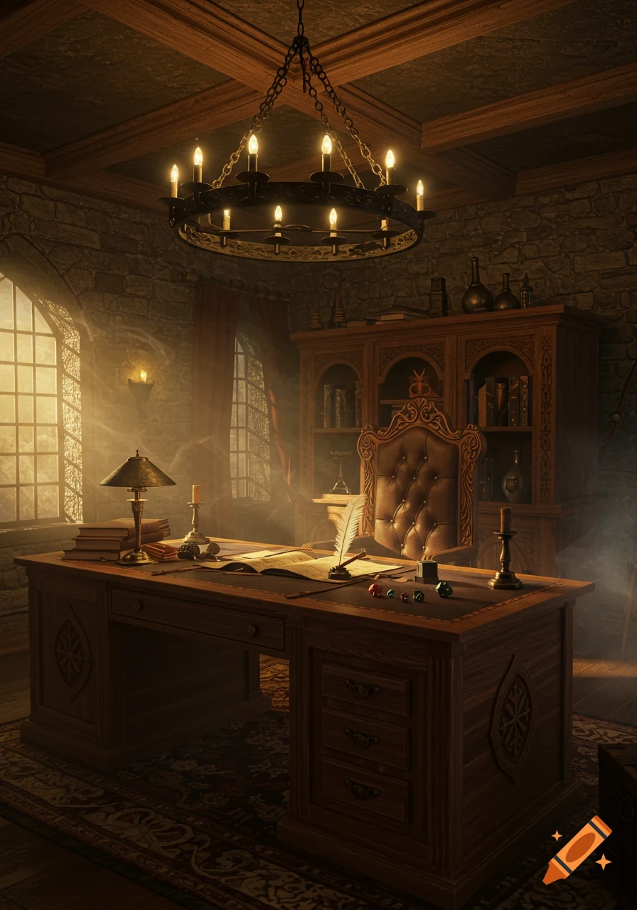 A richly detailed, dimly lit D&D-themed office room with a large wooden desk, ornate chair, chandelier, and sunlit windows.