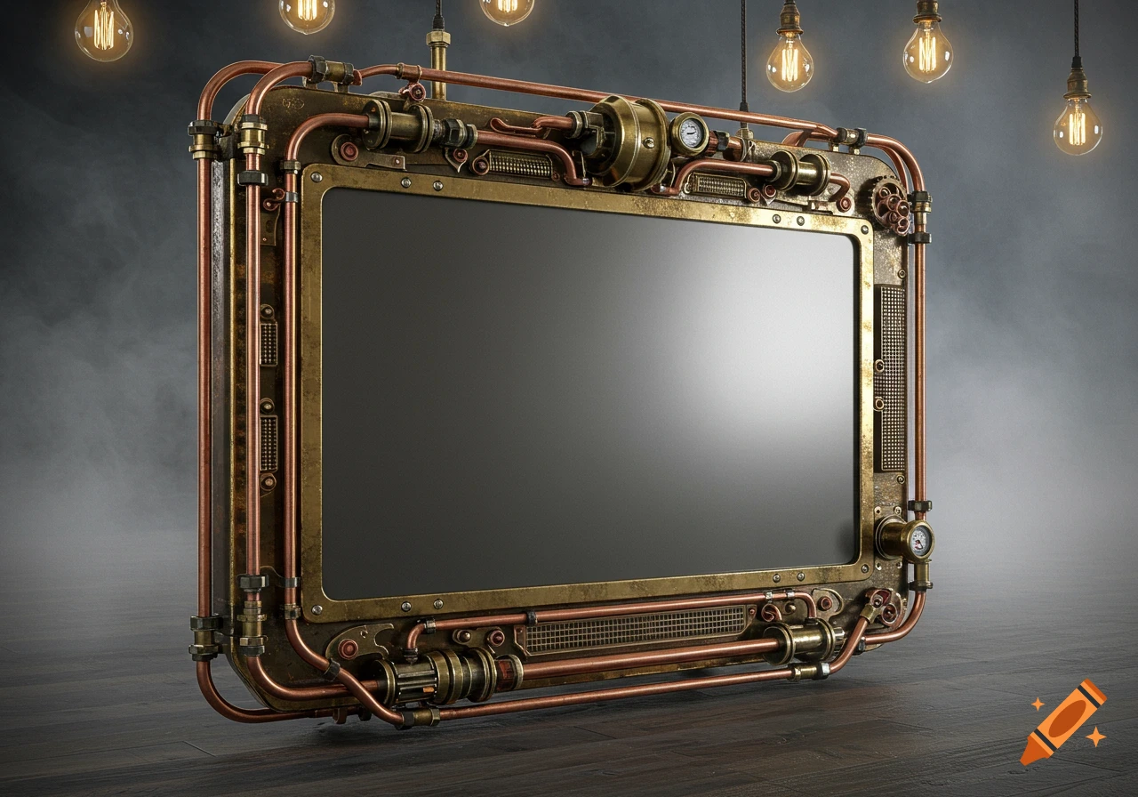 A blank steampunk-style video screen with brass and copper pipes, gears, and gauges, lit by hanging Edison bulbs.