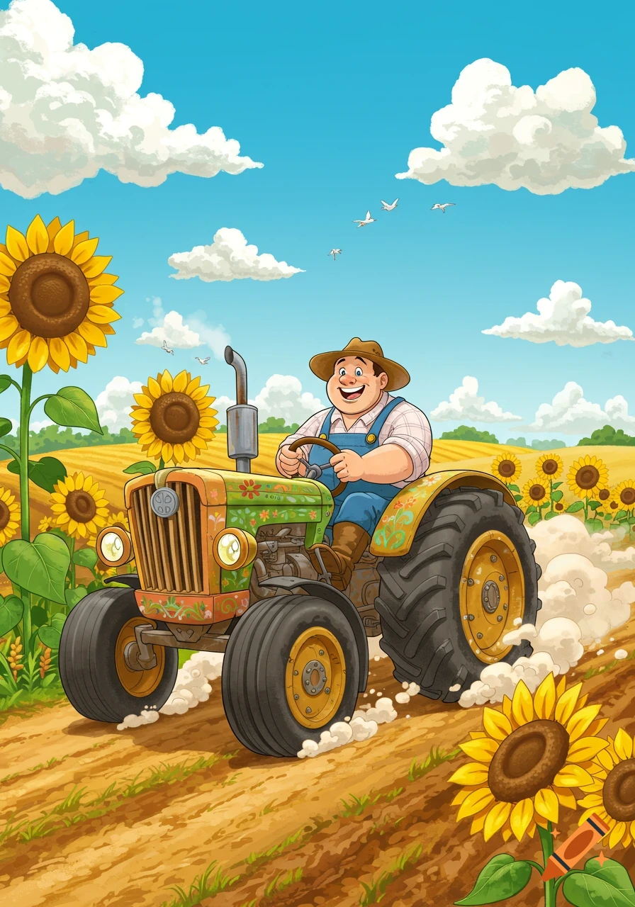 A happy cartoon farmer drives a decorated tractor through a sunny field of sunflowers under a blue sky.