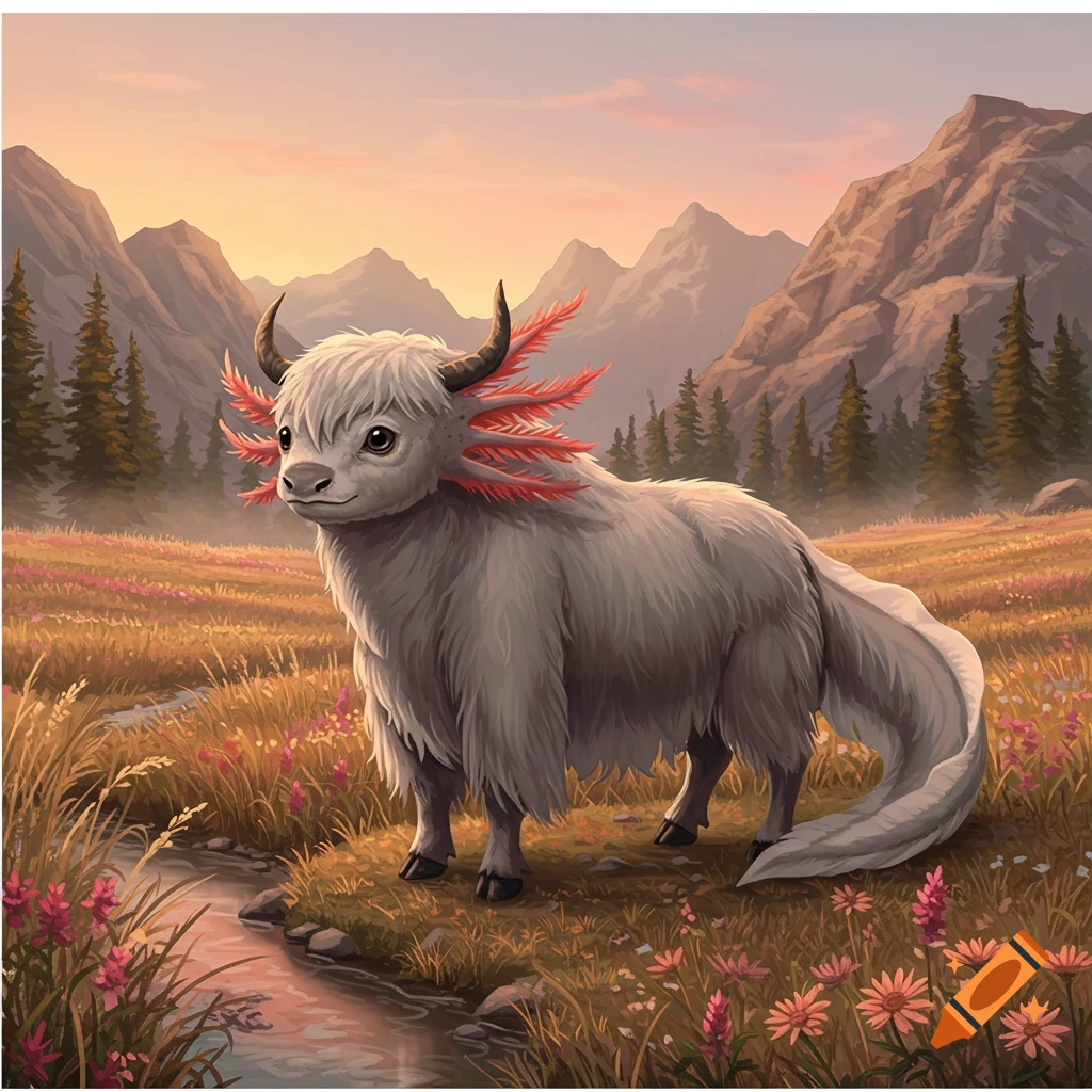 A cute, fluffy white creature, a mix of an axolotl and a yak, with red feathery gills and small horns, stands in a golden meadow with a stream, surrounded by mountains at sunset.