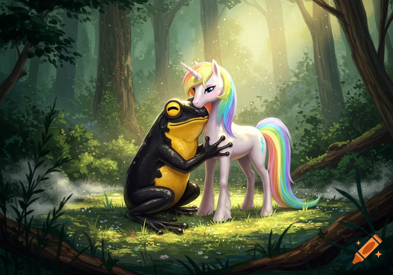 A black and yellow frog hugs a white unicorn with a rainbow mane and tail in a sunlit forest, digital art.
