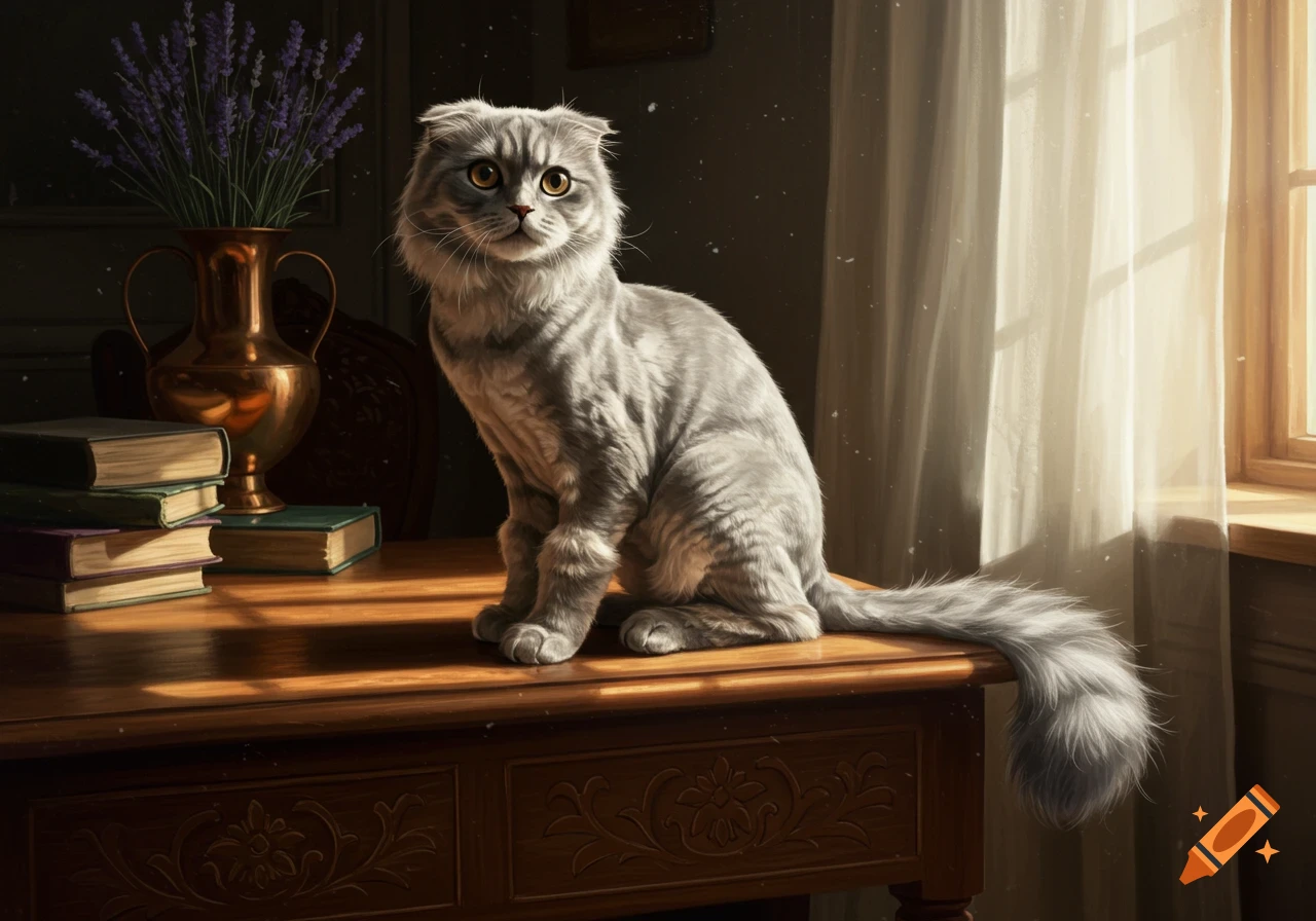 A grey Scottish Fold-Maine Coon mix cat sits on a wooden desk next to a vase with lavender and books, bathed in sunlight from a window.