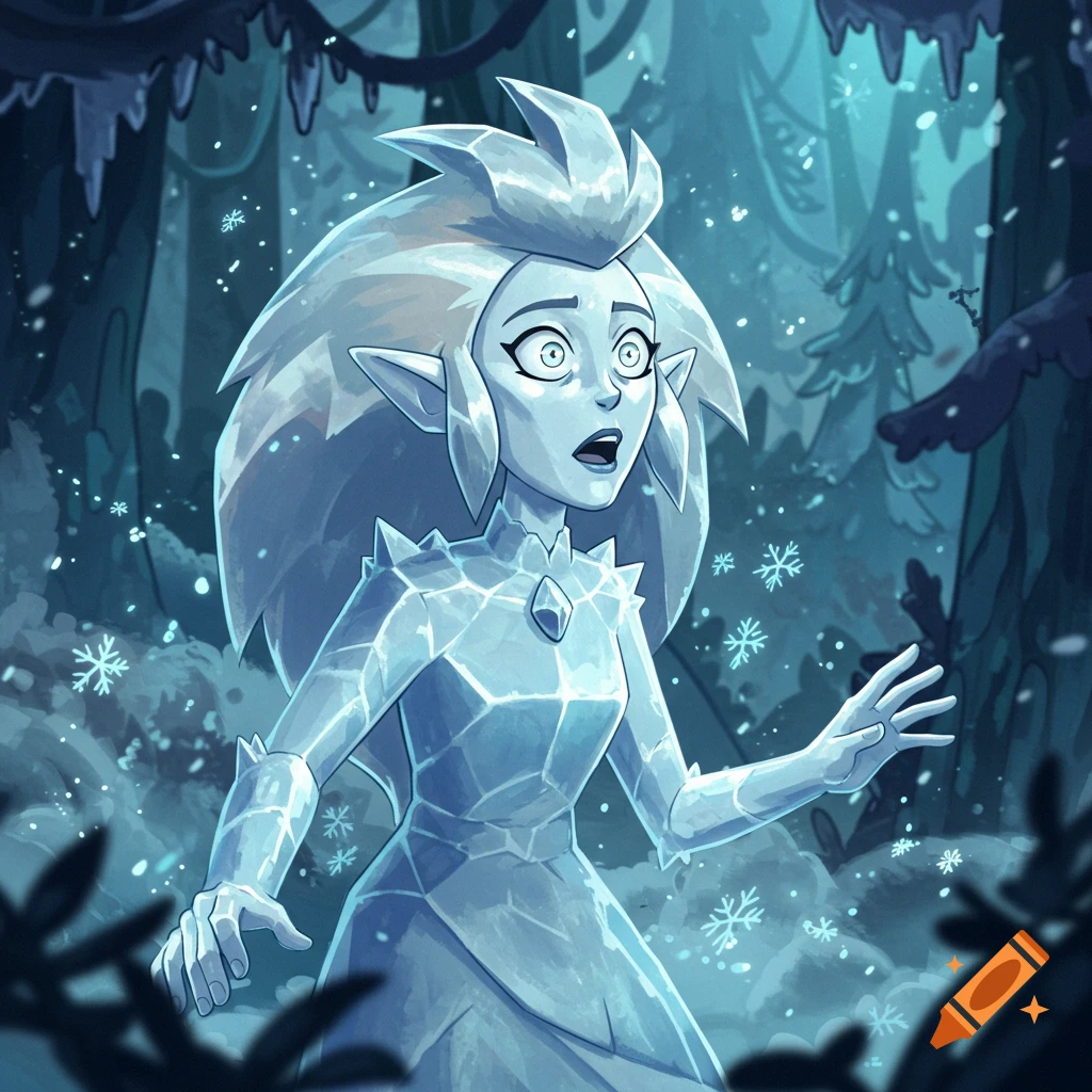 A surprised, cartoon-style ice statue of Young Eda from The Owl House in a snowy forest.