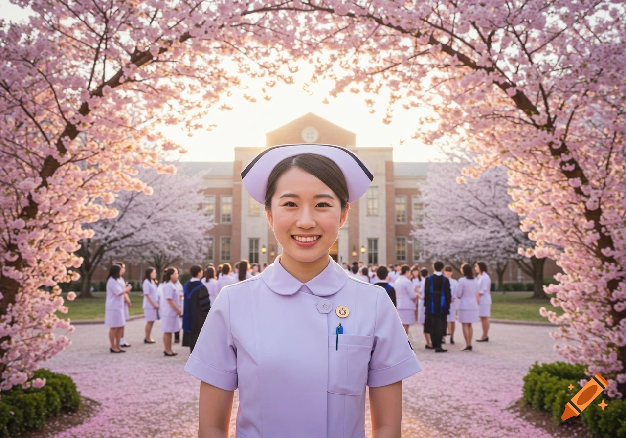 Smiling young woman in a nurse uniform and cap, standing on a path covered with pink cherry blossom petals, with trees and a building in the background.