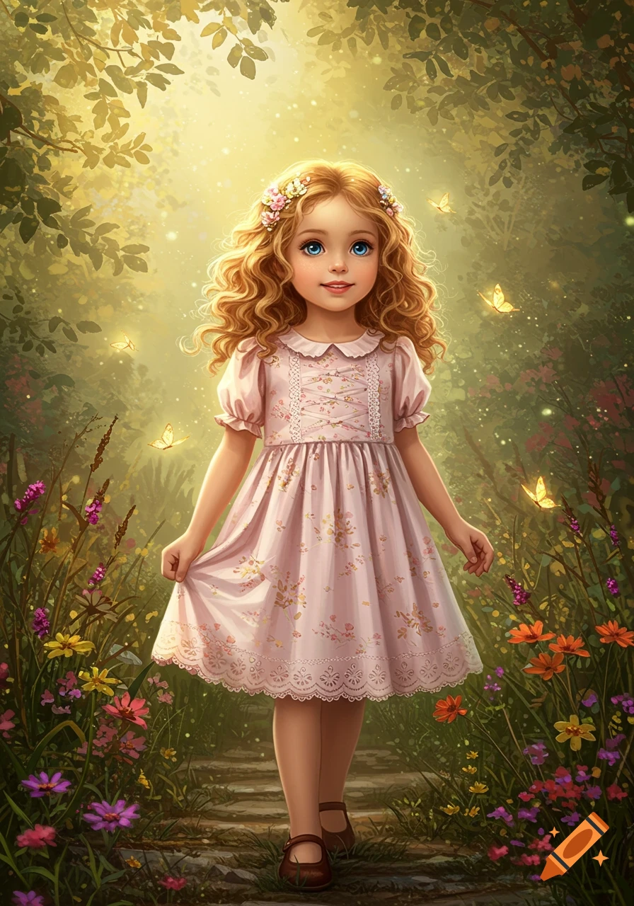 A cute blonde girl in a pink floral dress walks on a forest path with flowers and butterflies in a whimsical illustration.