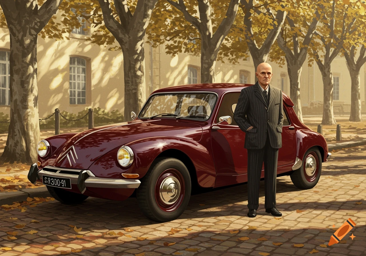 A bald man in a pinstripe suit stands beside a vintage maroon Citroën car on a tree-lined street with autumn leaves. Painted style.