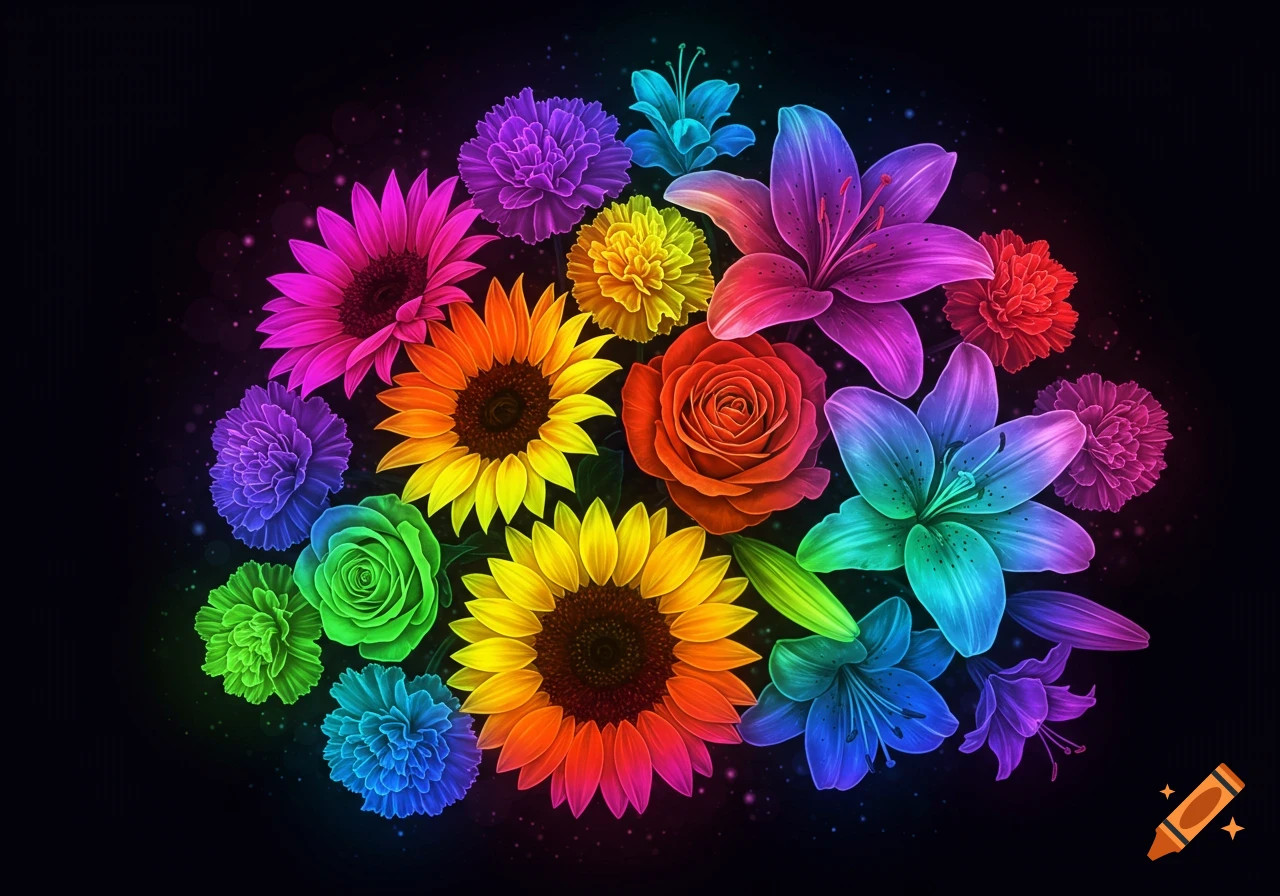 A vibrant arrangement of neon rainbow-colored sunflowers, roses, lilies, and carnations on a dark background.