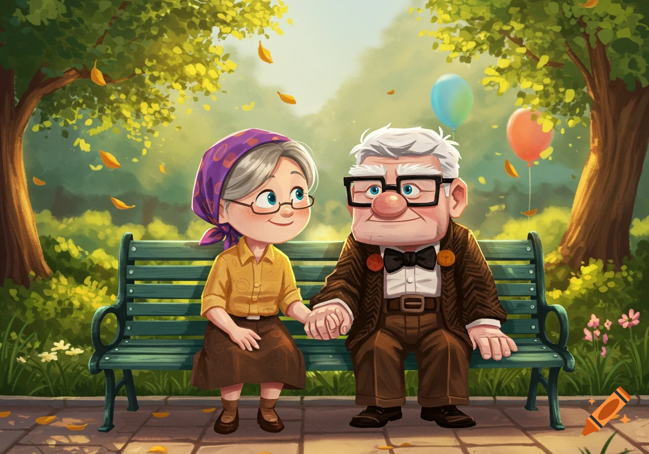 Carl and Ellie from Up, elderly, holding hands on a park bench with balloons and falling leaves in a cartoon style.