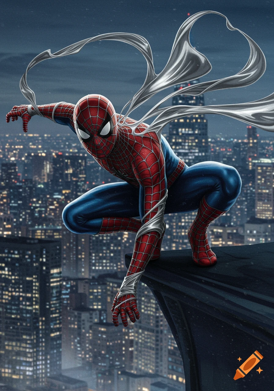 Spider-Man in his red and blue suit crouches on a skyscraper ledge, with white silk material flowing around him, against a night cityscape.