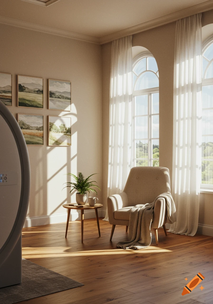 A sunlit, minimalist living room featuring a beige armchair with a blanket, a small table with a plant, and framed landscape art on the wall.
