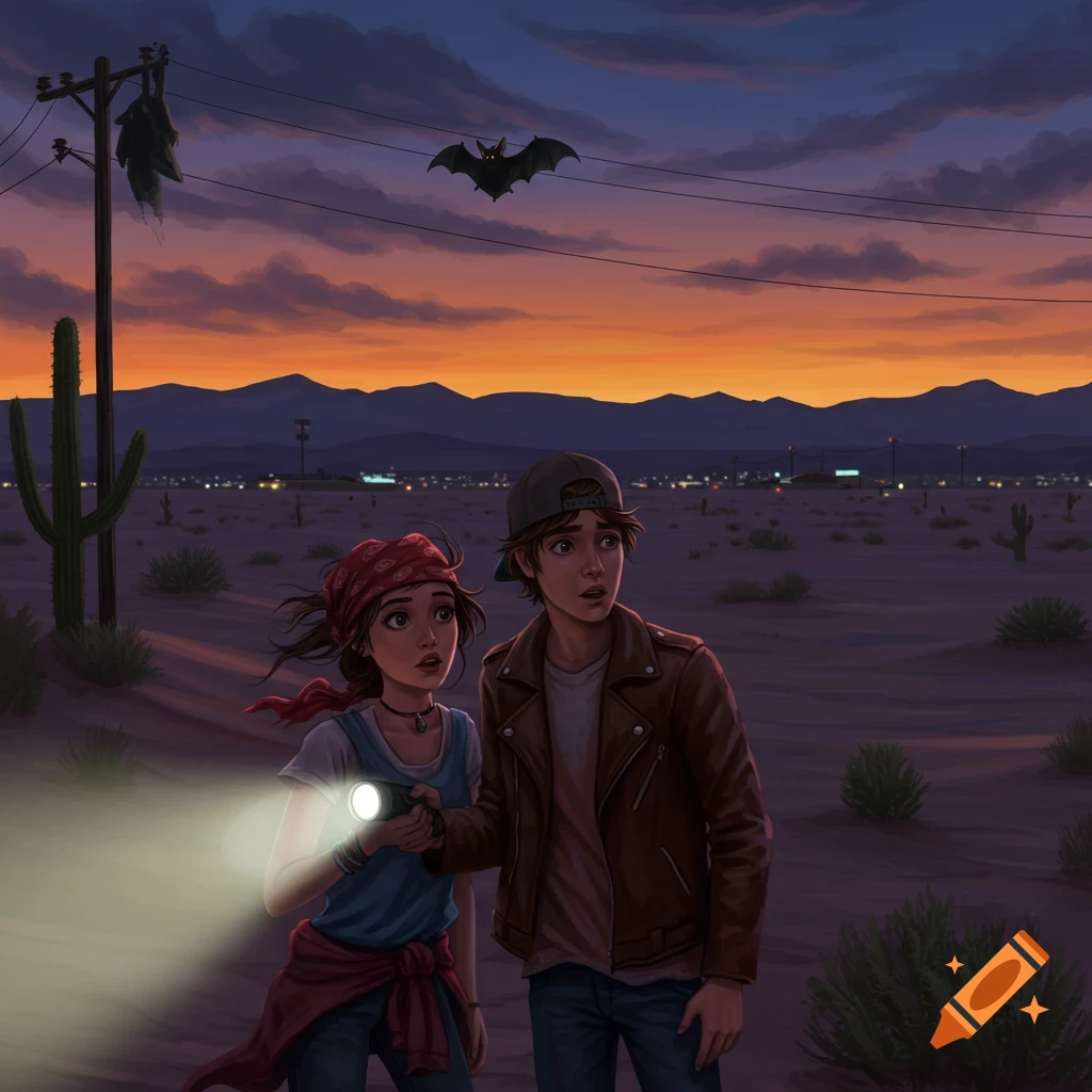 Two young people with a flashlight look up at a bat on power lines in a desert at dusk, illustration style.