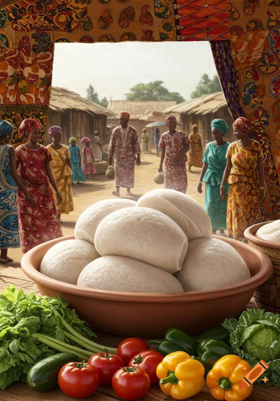 A vibrant market scene showcasing a large bowl of fufu and fresh vegetables in the foreground, with people in traditional attire walking in the background.