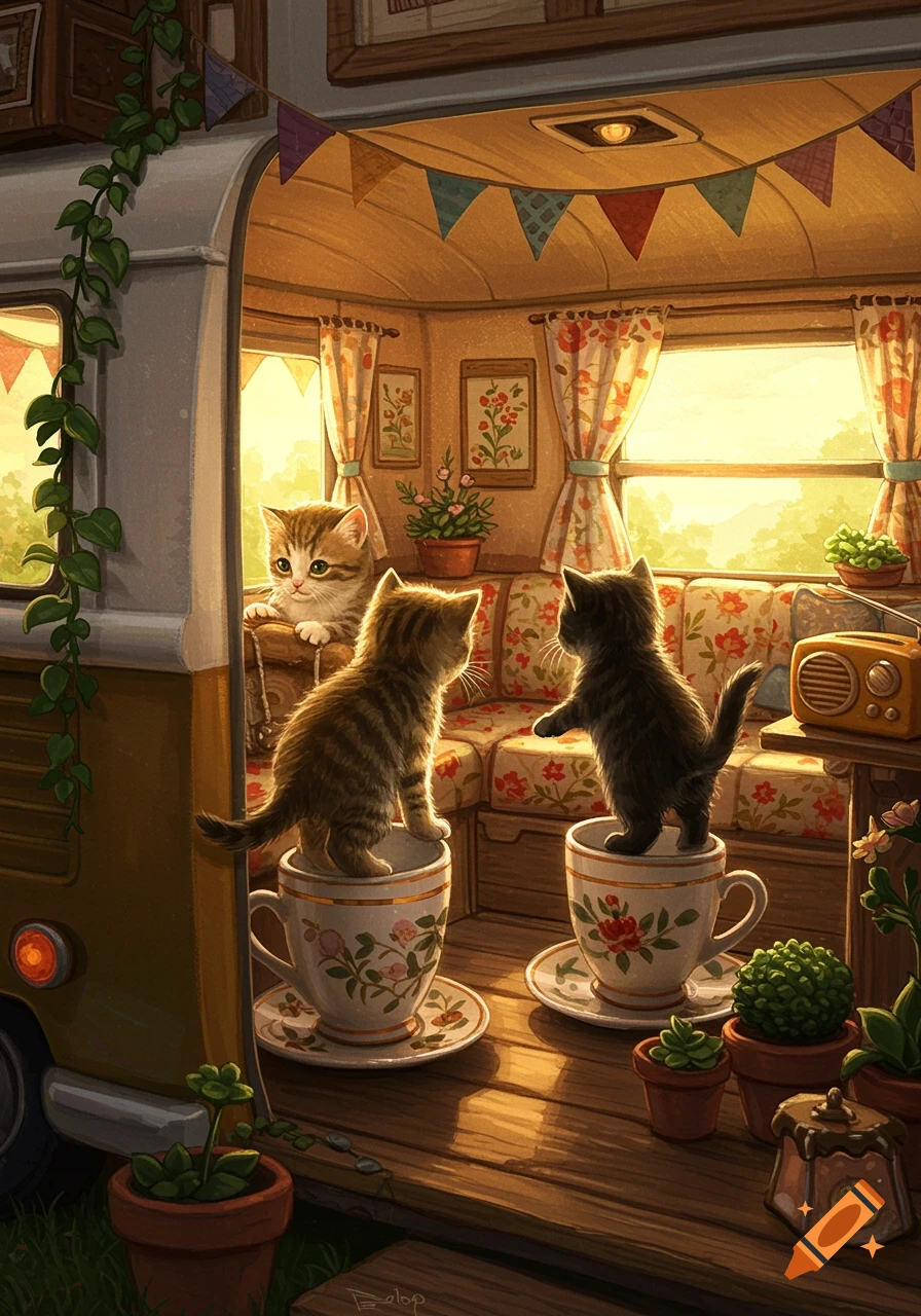 Three cute kittens exploring a cozy, sunlit campervan interior, one peeking from a window, two standing in teacups.