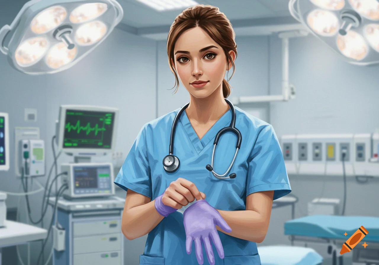 A female nurse in blue scrubs and a stethoscope puts on a purple surgical glove in a medical operating room, digital art style.