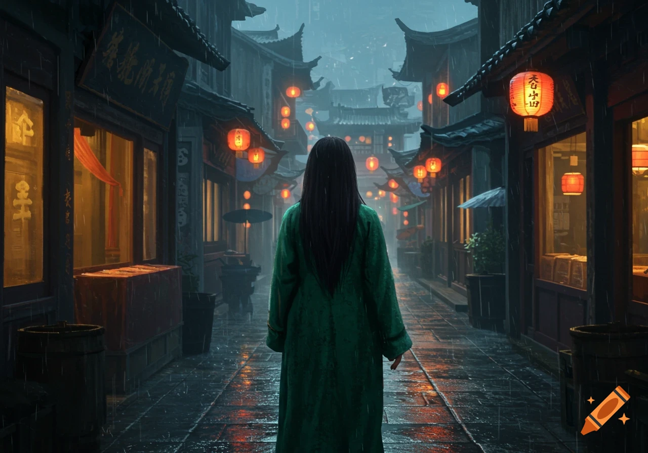 A person in a green coat walks down a rainy street lined with traditional Asian buildings and red lanterns.