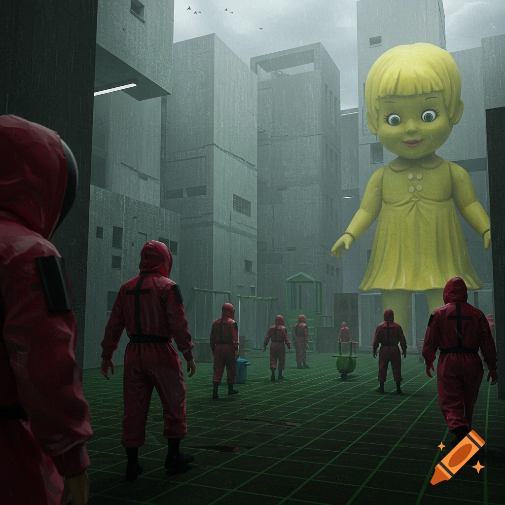 Red-suited figures in a rainy, dystopian urban landscape with a giant yellow doll from Squid Game.