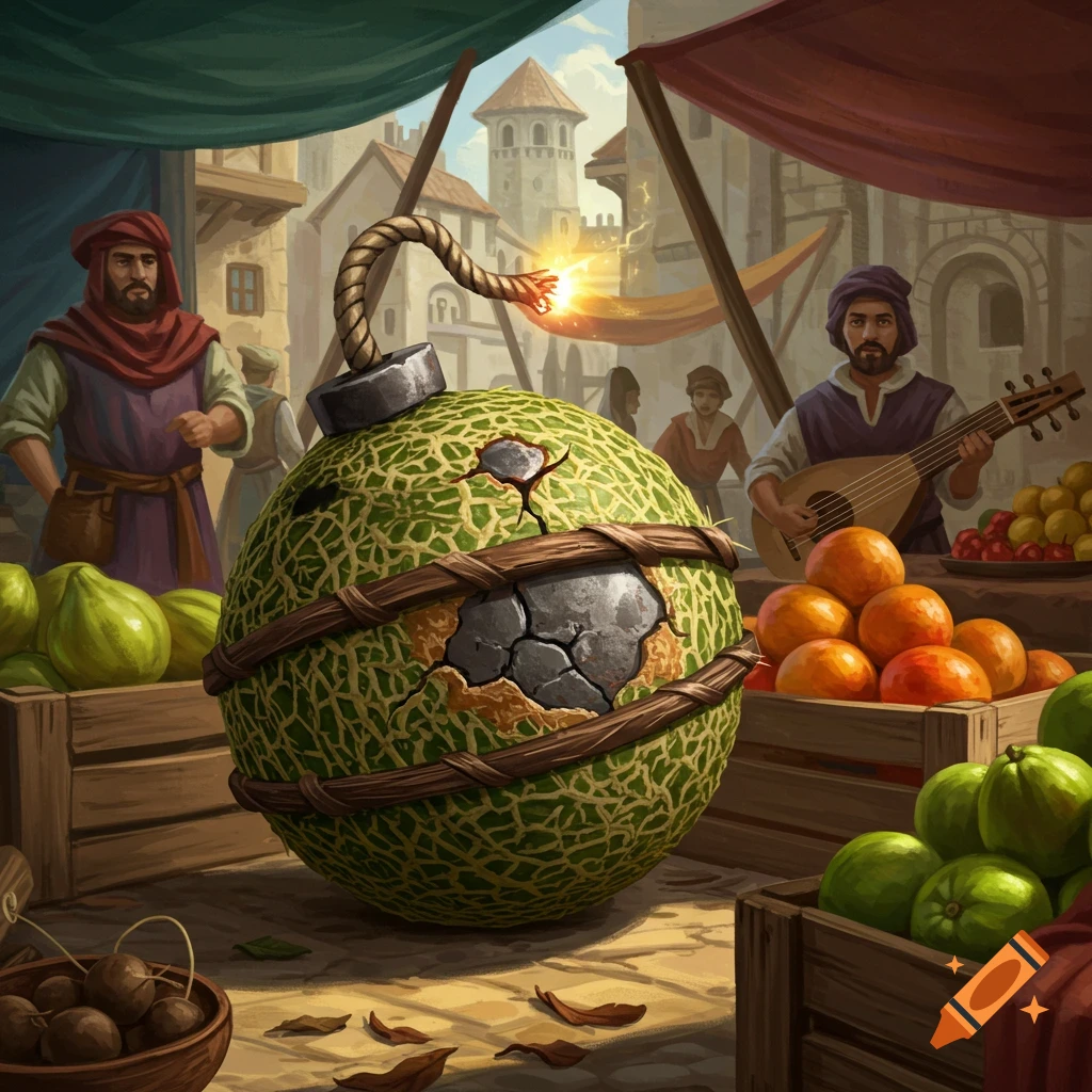 An illustration of a melon-shaped bomb with a lit fuse in a bustling medieval market with fruit stalls and people.