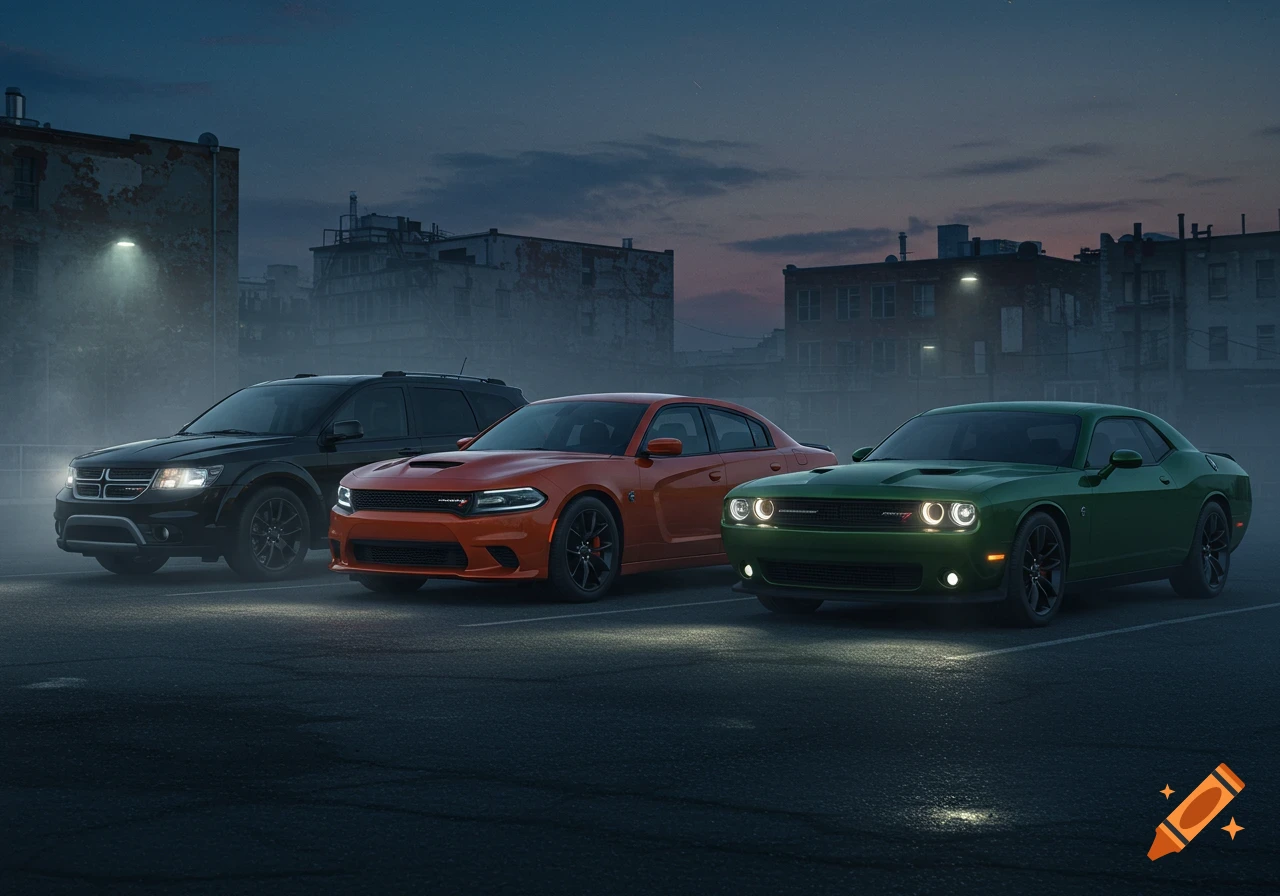Three cars, a black SUV, an orange sedan, and a green coupe, parked in an urban setting at dusk with headlights on.