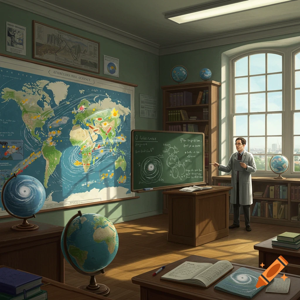 A teacher in a lab coat points to a blackboard in a classroom with a large world map, globes, and books. Sunlight streams through large windows.