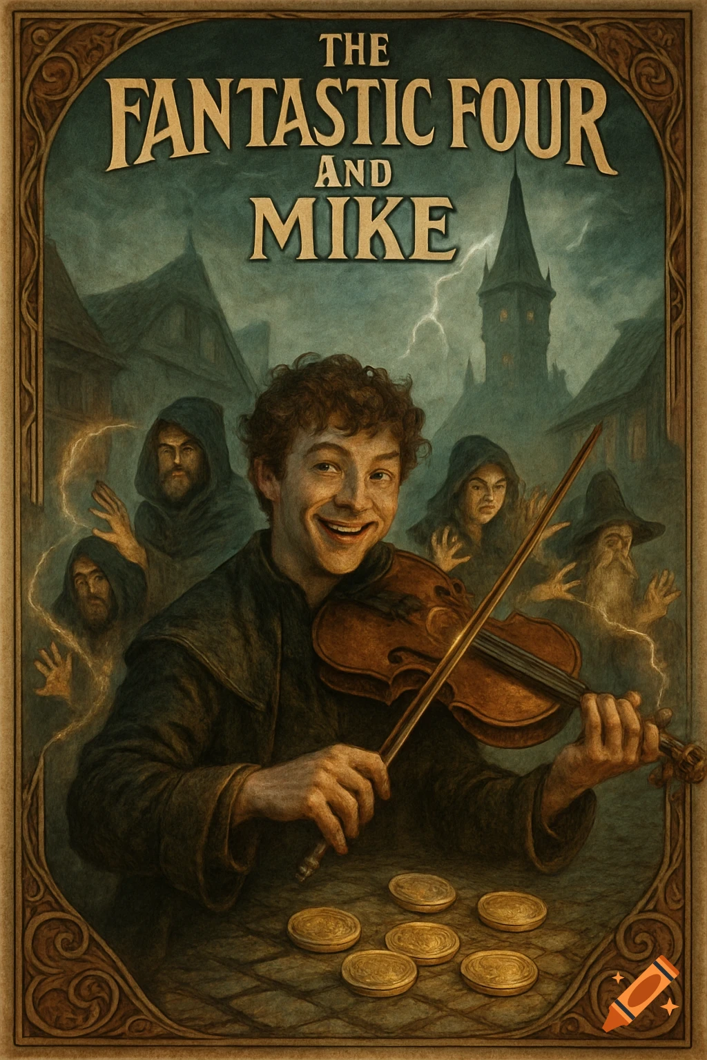 Fantasy poster: A smiling man plays a violin with shadowy figures and a wizard tower in a stormy background. Text: 'The Fantastic Four and Mike'.