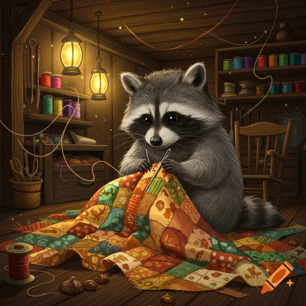 A cute raccoon sits on a wooden floor, sewing a colorful patchwork quilt in a cozy, lantern-lit room.