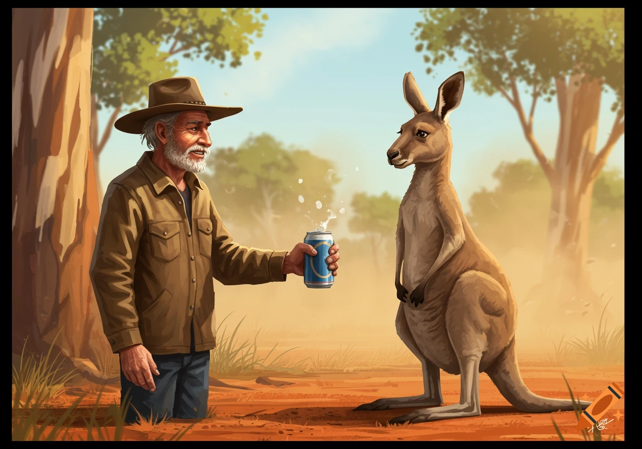 A smiling man in a hat offers a fizzing can to a kangaroo in a dry, outdoor setting.