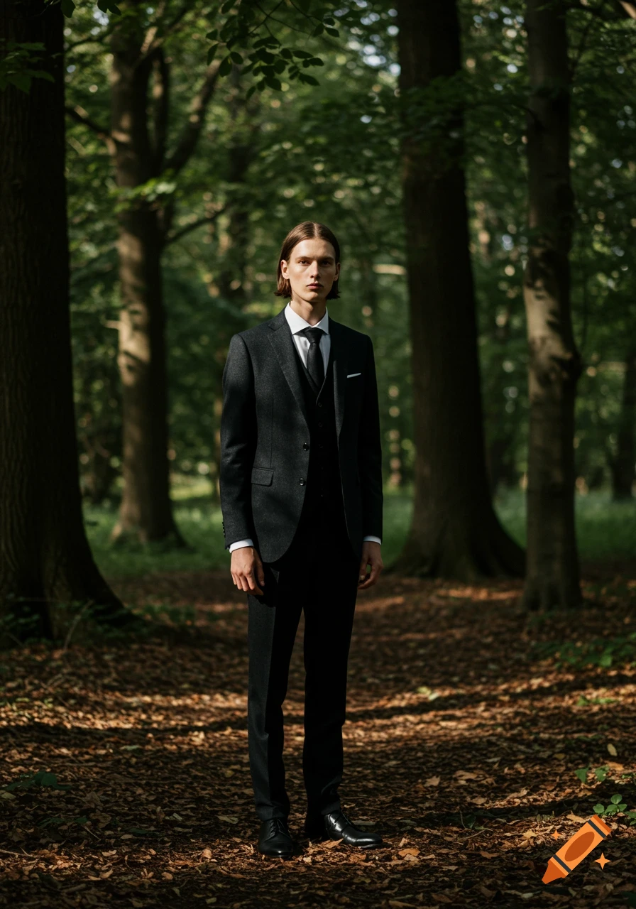 Tall, thin man in a black three-piece suit stands in a sun-dappled forest.
