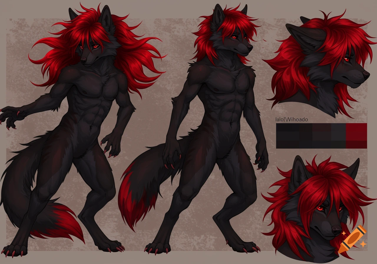 Digital illustration of a male wolf fursona reference sheet with black fur, spiky red hair, and glowing red eyes.