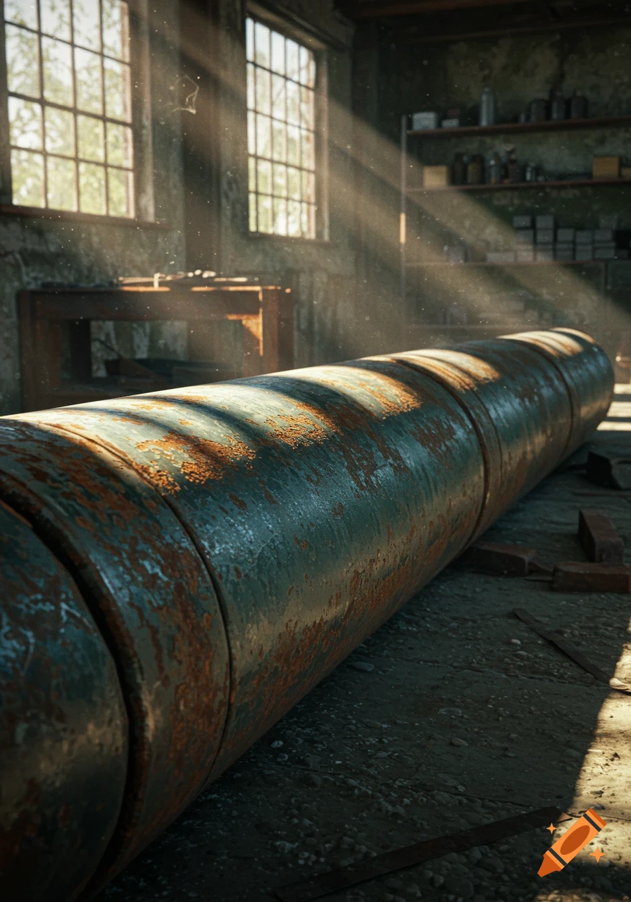 A large, rusty old pipe on the dusty floor of an industrial workshop, with sunbeams streaming through windows.