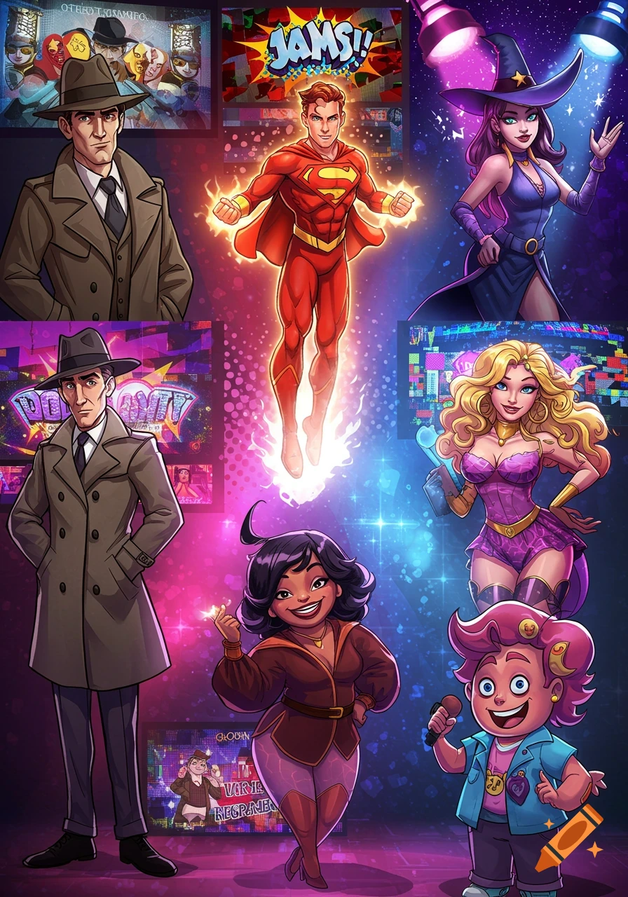 A collage of colorful cartoon character designs for a dating sim, featuring a detective, superhero, witch, blonde woman, a curvy woman, and a singing child, set against a neon background with screens.
