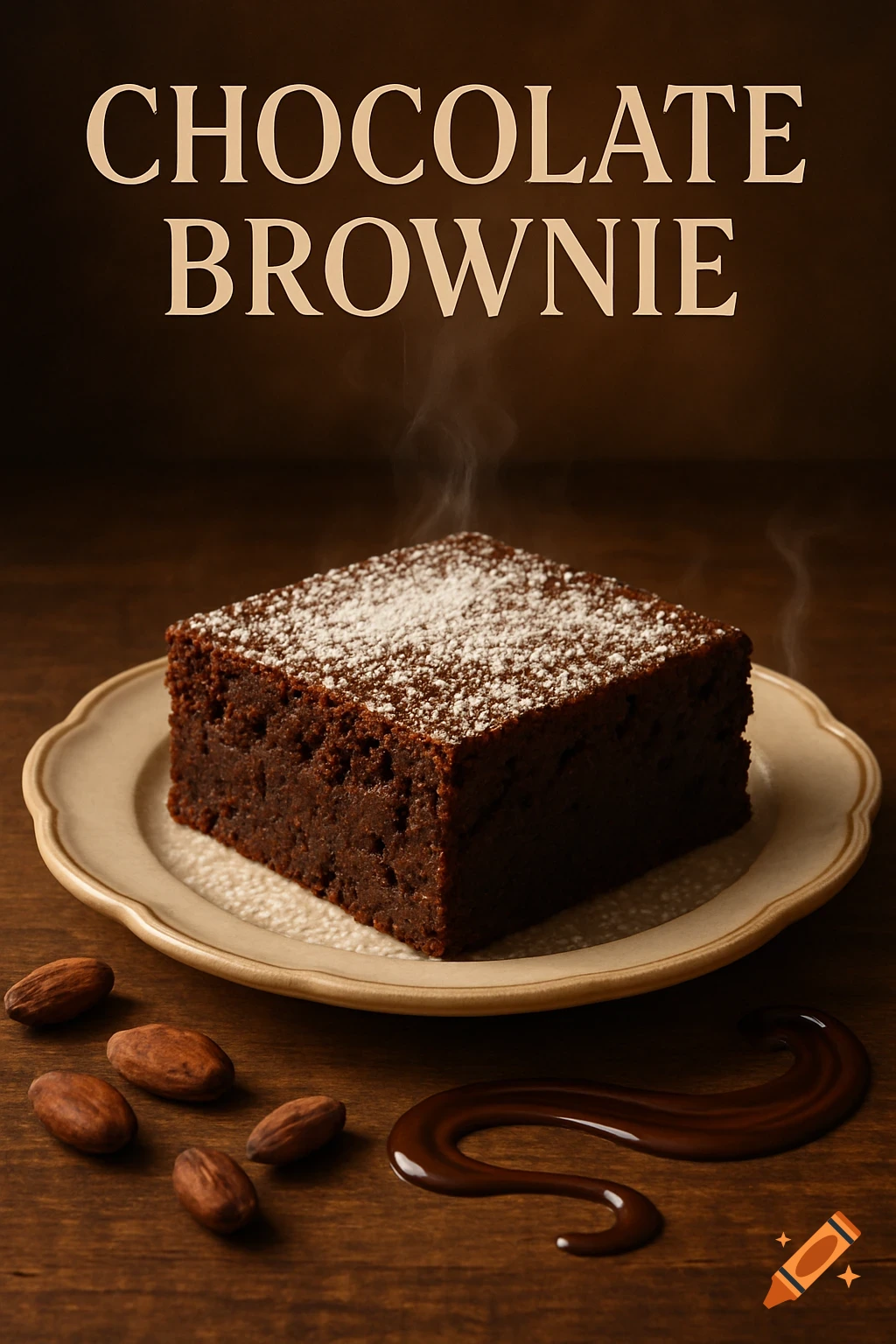 Photorealistic image of a chocolate brownie with powdered sugar and steam on a plate, with cocoa beans and chocolate sauce on a wooden surface below. Text reads 'CHOCOLATE BROWNIE' at the top.