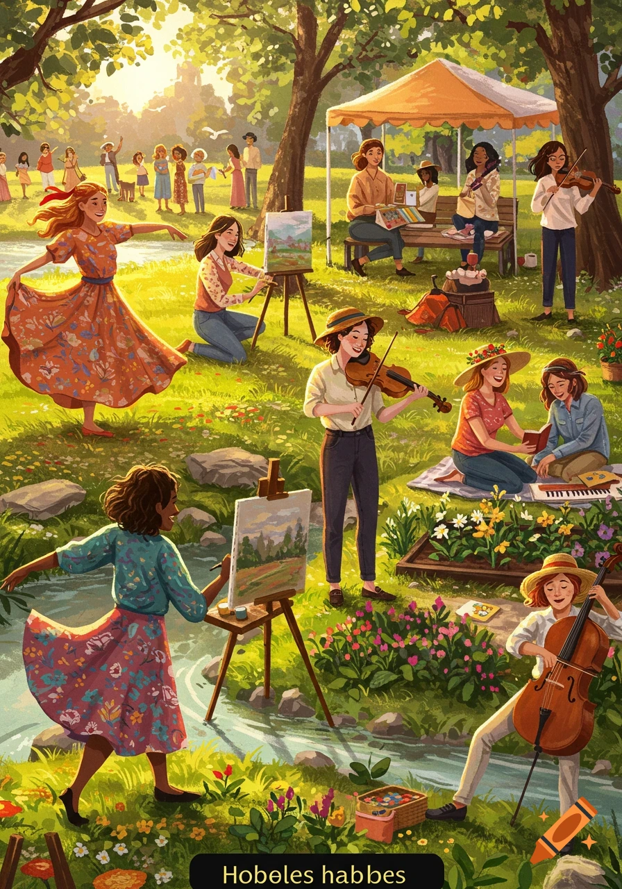 Women enjoying various hobbies like painting and playing music in a vibrant, sunlit park with a stream.