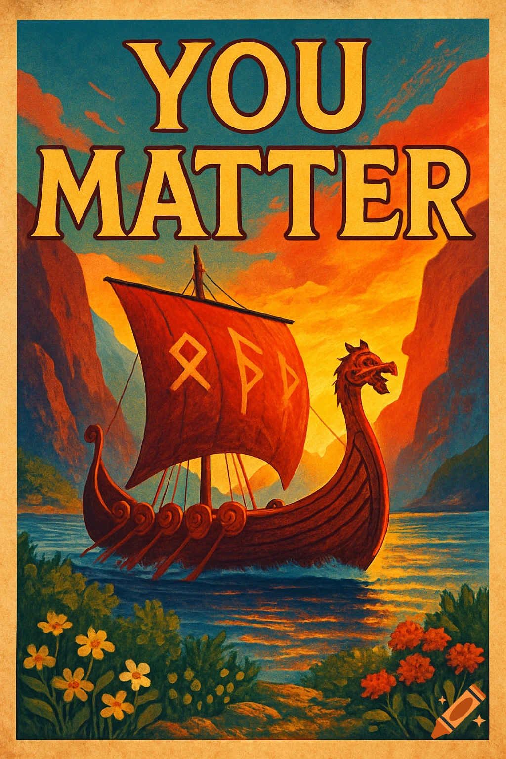 A colorful illustration of a Viking longship on a lake at sunset, with mountains and flowers. Above the ship, the text 'YOU MATTER' is displayed.