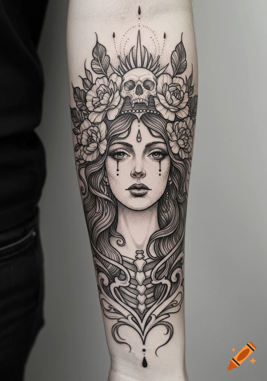 Black and white tattoo on an arm, depicting a woman with long hair, wearing a crown of roses and a skull, with skeletal embellishments.