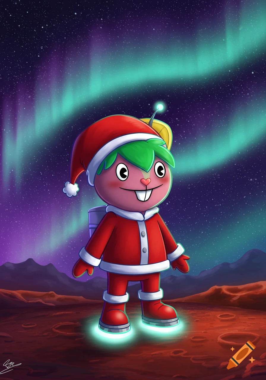 A cartoon character with green hair and large front teeth, dressed in a red Santa suit, stands on the red Martian landscape under a starry sky with a green and purple aurora.